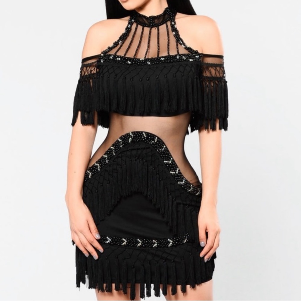Fashion Nova Sheer Waist Beaded Tassel Fringe Dress